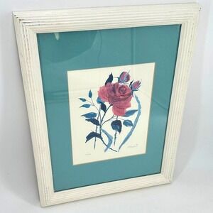 Cottage Victorian Vintage Rose Floral Framed Original Art Pink Blue‎ White Frame